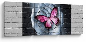 Kép - Rózsaszín pillangó a falon (órával) (90x30 cm)