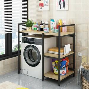 Elite Home® 3 szintes, masszív fém fürdőszobai polc mosógép fölé fa polcokkal, fekete - 110 cm magas