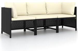 3 személyes fekete polyrattan kerti kanapé párnákkal