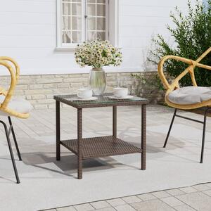 Barna polyrattan és edzett üveg kisasztal 45 x 45 x 45 cm