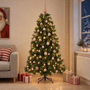 Műkarácsonyfa gömbdísszel 180 cm 300 LED Meleg fehér PVC és fém