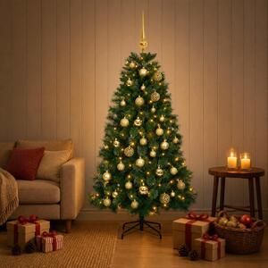 Műkarácsonyfa gömbdísszel 120 cm 150 LED Meleg fehér PVC és fém