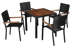 5 darabos fekete kültéri polyrattan és akácfa étkezőszett