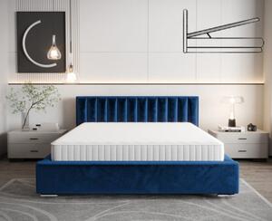Modern kárpitozott ágy függőleges steppeléssel a fejtámlán, kék színben 180 x 200 cm tárolóhelyekkel