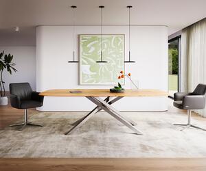 DELIFE Étkezőasztal Edge hajóformás 240x120x2,5-3 tölgy természetes kereszt láb téglalap rozsdamentes acél svájci él
