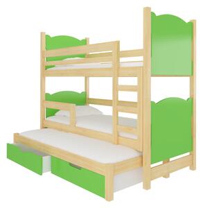 LETIA emeletes ágy, 180x75, fenyő/zöld
