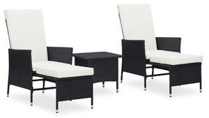 3 részes fekete polyrattan kerti bútorszett párnákkal
