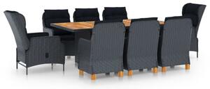 9 részes sötétszürke polyrattan kültéri étkezőszett párnákkal