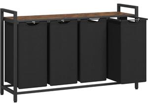 VASAGLE szennyestartó, 4 rekeszes ruhaszeparáló kosár 116×33×72 cm, Fekete és rusztikus barna