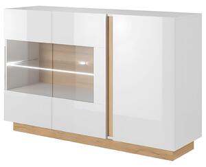 Komód üveggel, fehér/tölgy grandson/magasfényű fehér, CITY