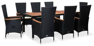 9 részes fekete polyrattan és akácfa kültéri étkezőszett (48014)