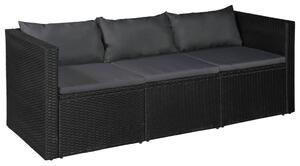 VidaXL fekete háromszemélyes polyrattan kerti kanapé szürke párnákkal
