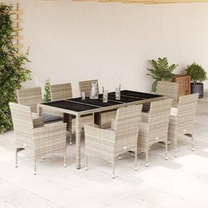 9 részes szürke polyrattan/üveg kerti étkezőgarnitúra párnákkal