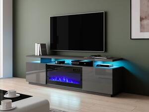 TV asztal kandallóval és LED világítással SALTA - grafit / fényes grafit / fekete