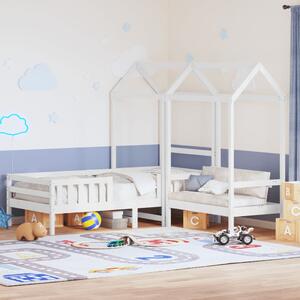 Fehér tömör fenyőfa ágy és pad szett tetővel 90 x 200 cm