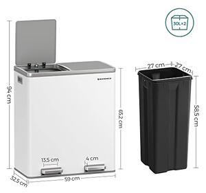 SONGMICS dupla szemetes, fém szelektív hulladékgyűjtő 15 szemeteszsákkal, 2 × 30 L, fehér–szürke