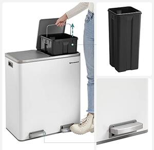 SONGMICS dupla szemetes, fém szelektív hulladékgyűjtő 15 szemeteszsákkal, 2 × 30 L, fehér–szürke