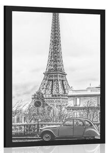 Az Eiffel-torony plakátképe a párizsi utcáról fekete-fehérben