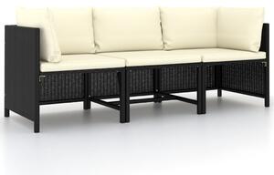 VidaXL 3 személyes fekete polyrattan kerti kanapé párnákkal
