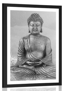 Poszter paszportuval Buddha szobra meditáló helyzetben fekete-fehérben