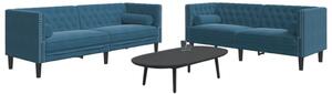 2 részes kék bársony Chesterfield kanapészett hengerpárnákkal