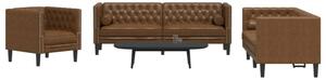 3 részes barna művelúr Chesterfield kanapészett hengerpárnákkal