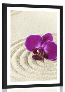 Poszter paszportuval homokos Zen kert lila orchideával