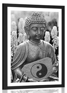 Poszter paszportuval jin és jang jel Buddha kezében fekete fehérben