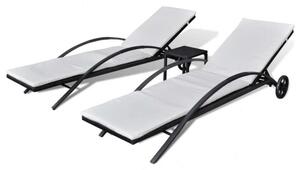 VidaXL Napozóágy Szett - 2 db + Asztal - Fekete Polyrattan