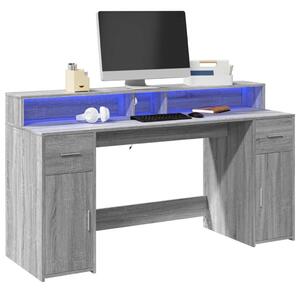 Szürke sonoma színű szerelt fa íróasztal LED-ekkel 160x55x91 cm