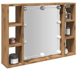 Kézműves tölgy szerelt fa tükrös szekrény LED-ekkel 76x15x55 cm