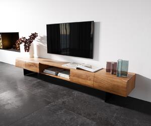 DELIFE TV szekrény New Live-Edge 240 cm akác természetes 4 ajtós 1 rekeszes lebegő fém fekete láb