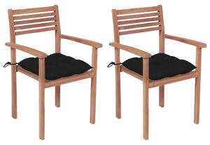 VidaXL 2 db tömör tíkfa kerti szék fekete párnákkal