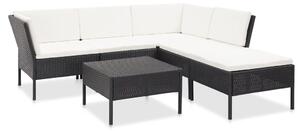 6-részes fekete polyrattan kerti bútorszett párnákkal
