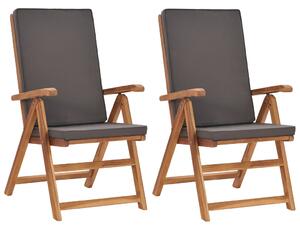 VidaXL 2 db szürke dönthető tömör tíkfa kerti szék párnákkal