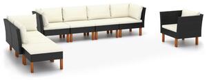 8 részes fekete polyrattan és eukaliptuszfa kerti ülőgarnitúra