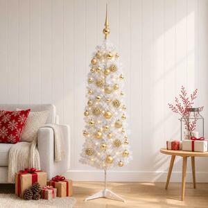 Karcsú műkarácsonyfa gömbökkel 150 cm 150 LED Meleg fehér
