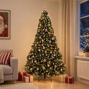 Zöld műkarácsonyfa gömbökkel 210 cm 300 LED Meleg fehér