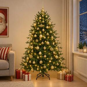 Műkarácsonyfa gömbbel 180 cm 300 LED Meleg fehér PVC és fém