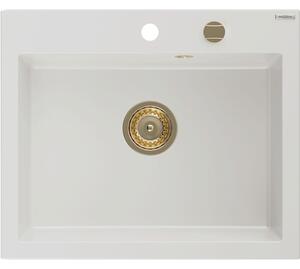 Mexen Elix gránit mosogató 1-medencés 600 x 500 mm, fehér, arany szifon - 6525601005-20-G