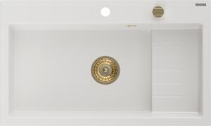 Mexen Omar egymedencés gránit mosogató 800 x 480 mm, fehér, arany szifon - 6520801005-20-G