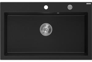 Mexen Elix gránit mosogató 1-medencés 800 x 500 mm, fekete, króm szifon - 6527801005-77
