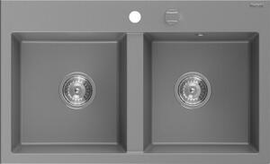 Mexen Hektor kétkamrás gránit mosogató 800 x 480 mm, szürke, króm szifon - 6521802000-71