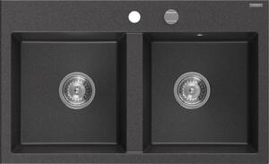 Mexen Hektor 2 rekeszes gránit mosogató 800 x 480 mm, fekete pöttyös, króm szifon - 6521802000-76