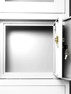 JAN NOWAK FILIP Fém iratszekrény széffel, vitrinnel és fiókokkal, 900x1850x450, modell fehér