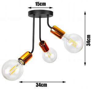Glimex Louis fix mennyezeti lámpa fekete réz/króm 3x E27 + ajándék LED izzók