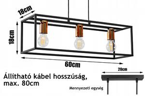 Glimex CAGE állítható függőlámpa fekete réz/króm 3x E27 + ajándék LED izzók