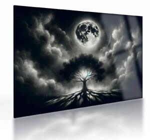 Üveg kép – Fekete-fehér fa teliholdban (70x50 cm)
