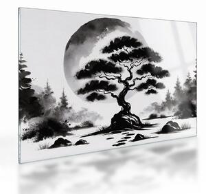 Üveg kép – Fekete-fehér bonsai (70x50 cm)