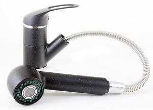 Gránit mosogatótálca NERO Monza + kihúzható zuhanyfejes Shower csaptelep + dugókiemelő (fekete)